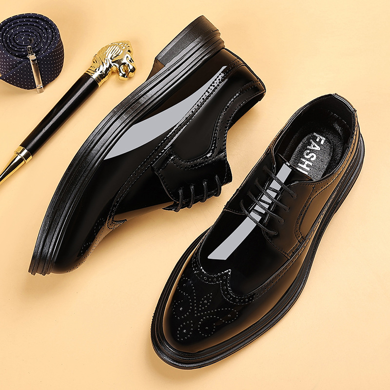 Men Shoes Formal - Herren-Lackleder-Brogue-Schuhe, Schnürschuhe, formelle Oxfords, dicke Sohle,