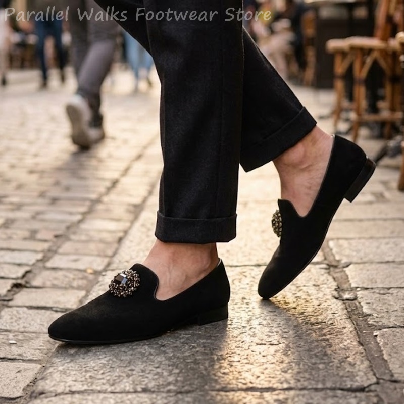 Men Shoes Formal - Herren Wildleder-Loafer mit Strass-Kristall-Verzierung, Slip-On Anzugschuhe,