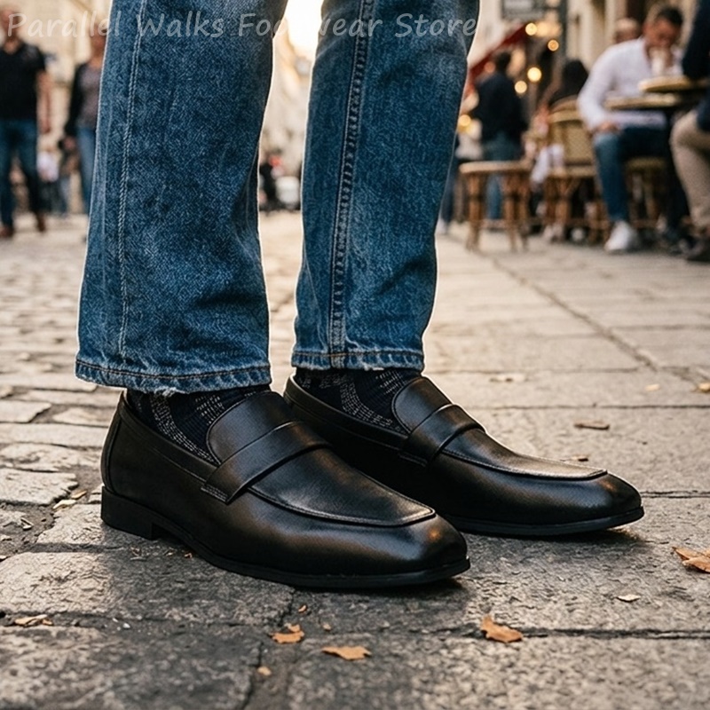 Men Shoes Formal - Herren Schwarze Leder-Penny-Loafer Slip-On Schürzenzehen Business-Anzugschuhe