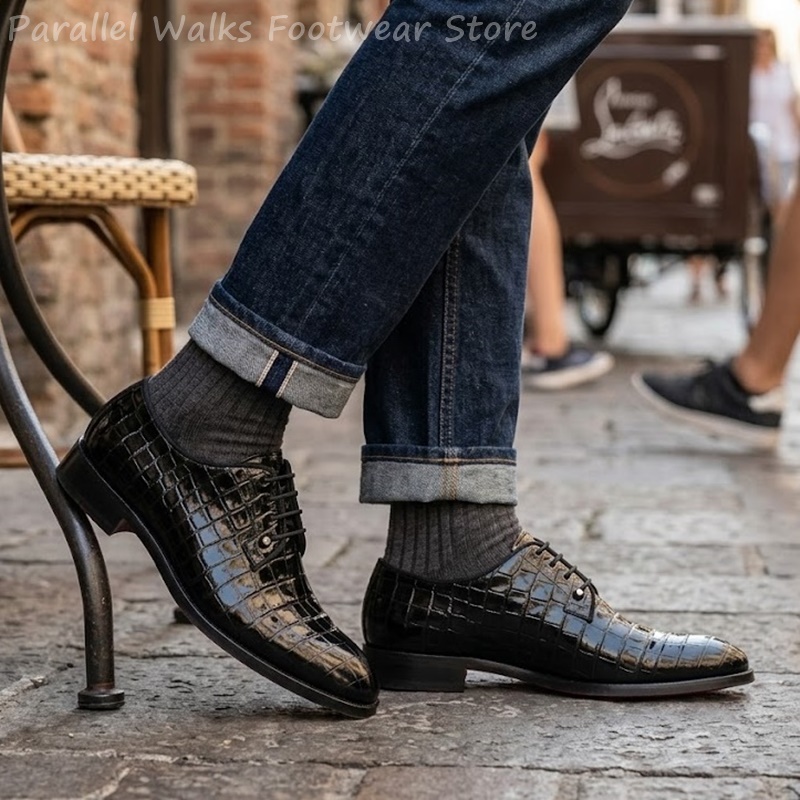 Men Shoes Formal - Herren Lackleder Oxford-Schuhe mit Krokodilmuster, Schnürschuhe,