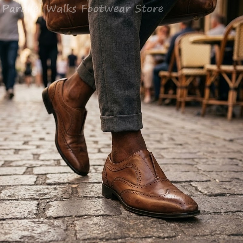 Men Shoes Formal - Herren Braune Leder-Brogue-Schuhe zum Hineinschlüpfen mit