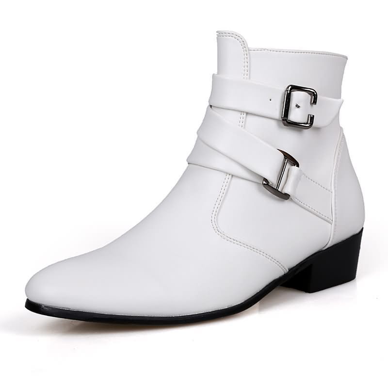 Men Shoes White Colour - Luxuriöse Herren-Stiefel, Leder-Chelsea-Stiefel, hohe Schnalle, formelle